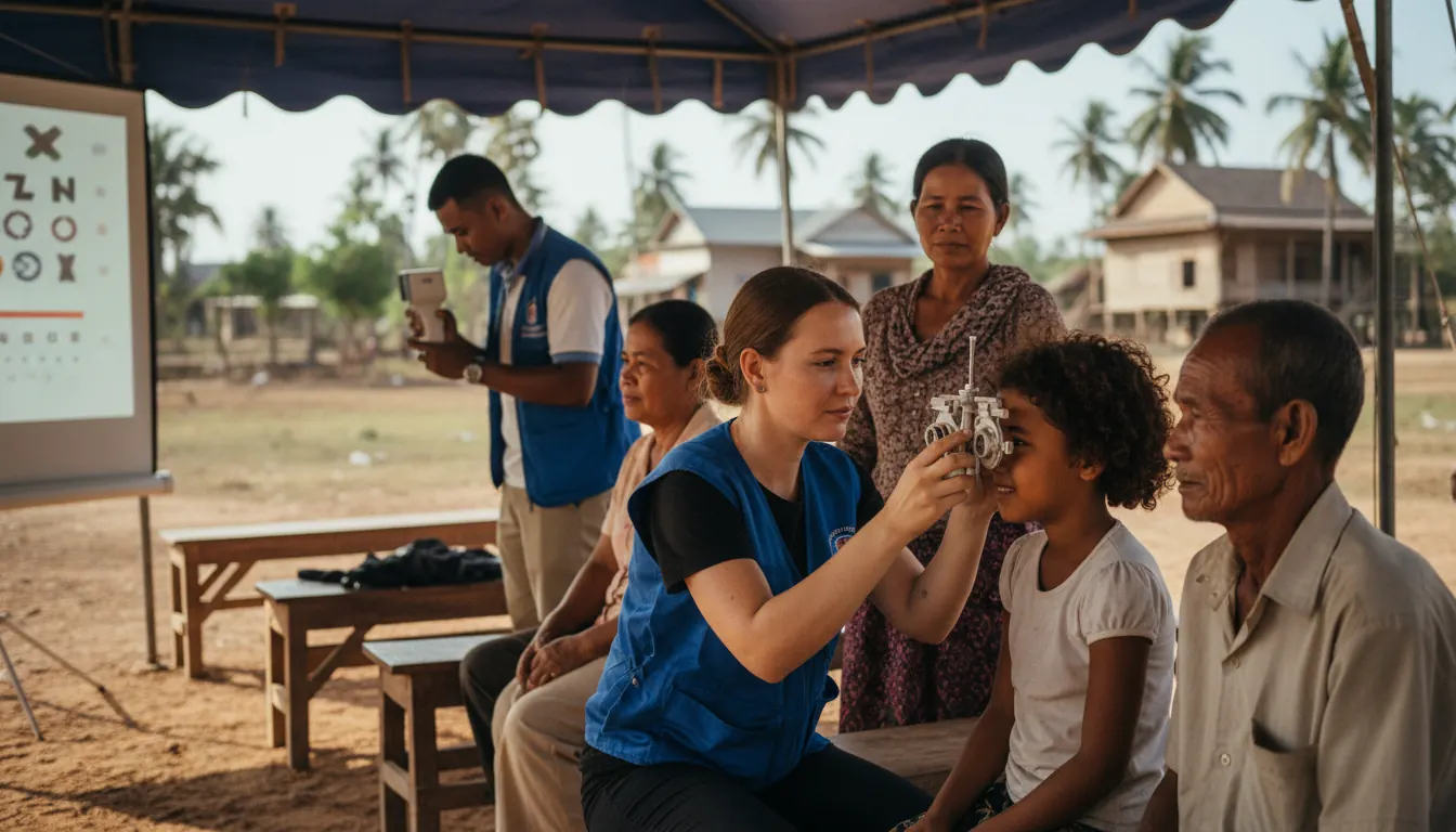 Eye care professionals providing vision screening in Cambodia
