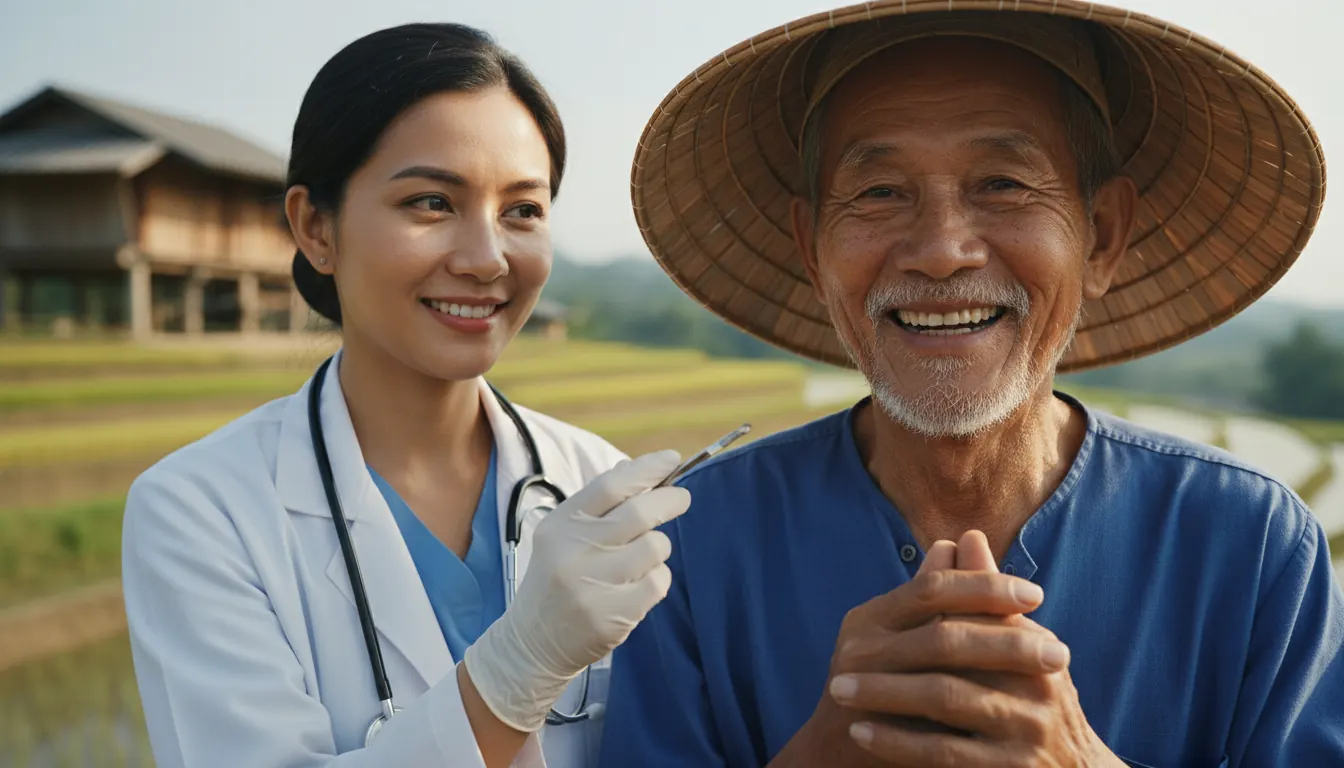 Elderly Cambodian rice farmer smiling after successful cataract surgery with doctor