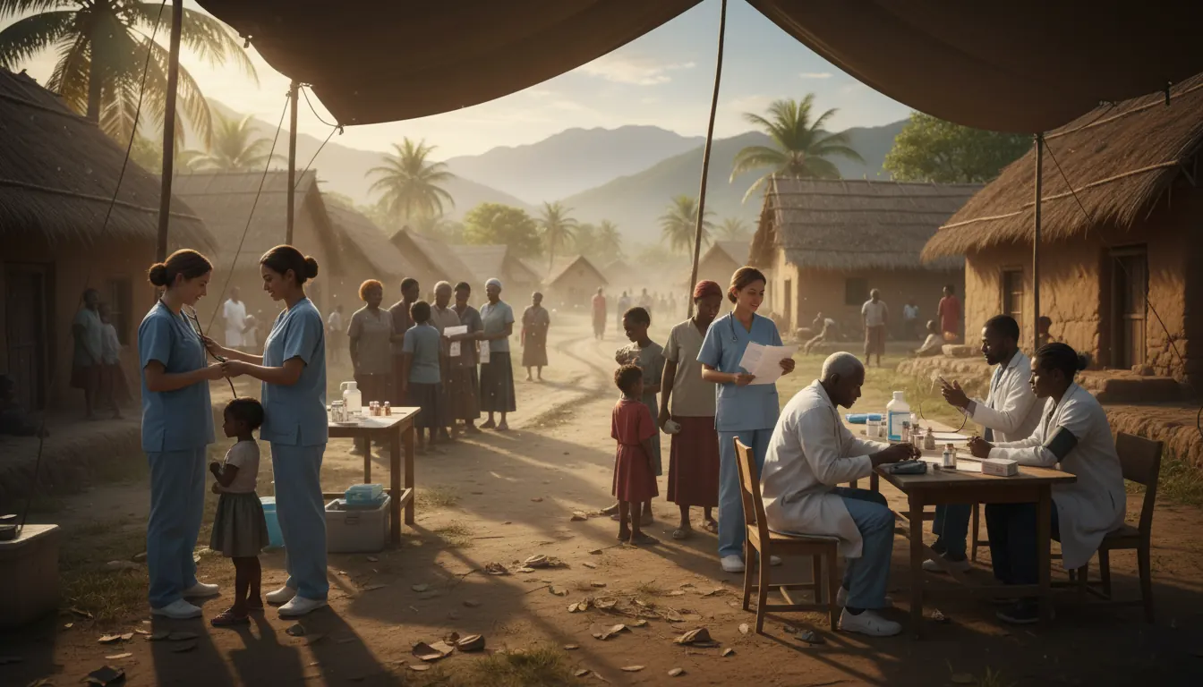 Rural Cambodian village with healthcare workers providing community medical services