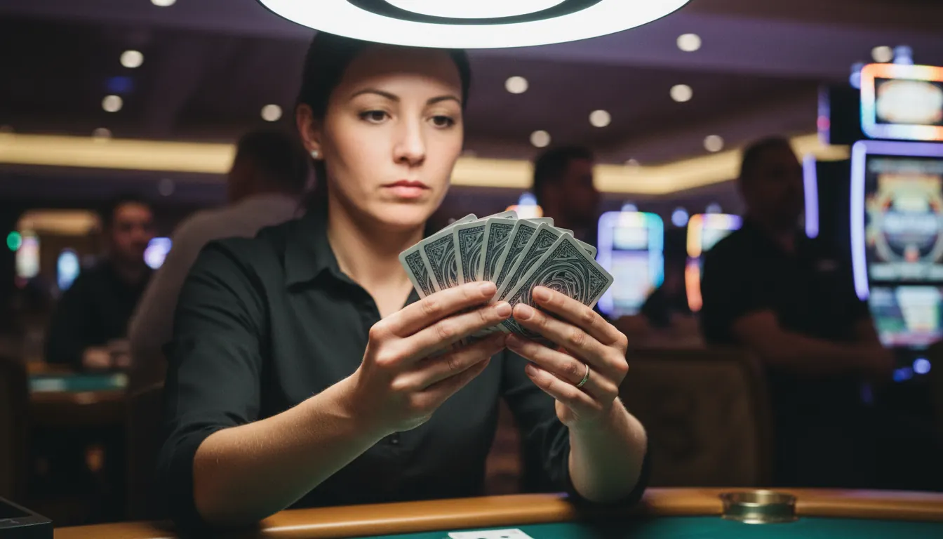 Casino dealer examining cards under bright gaming floor lighting