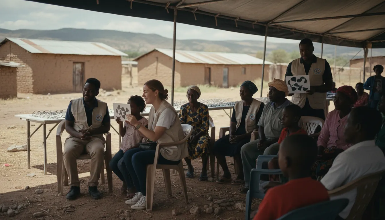 Charity organization staff conducting community vision screening in underserved area