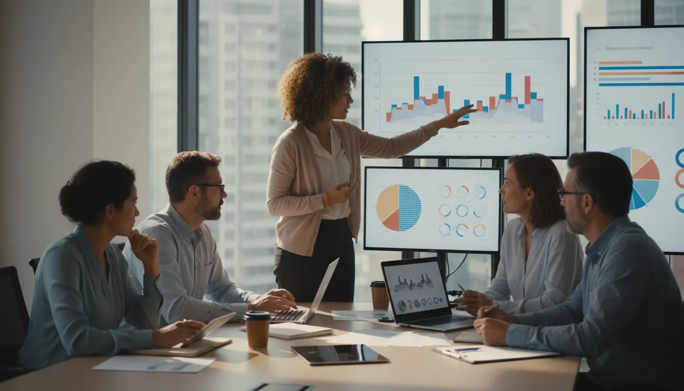 Eye care charity team reviewing patient outcome data and program effectiveness metrics