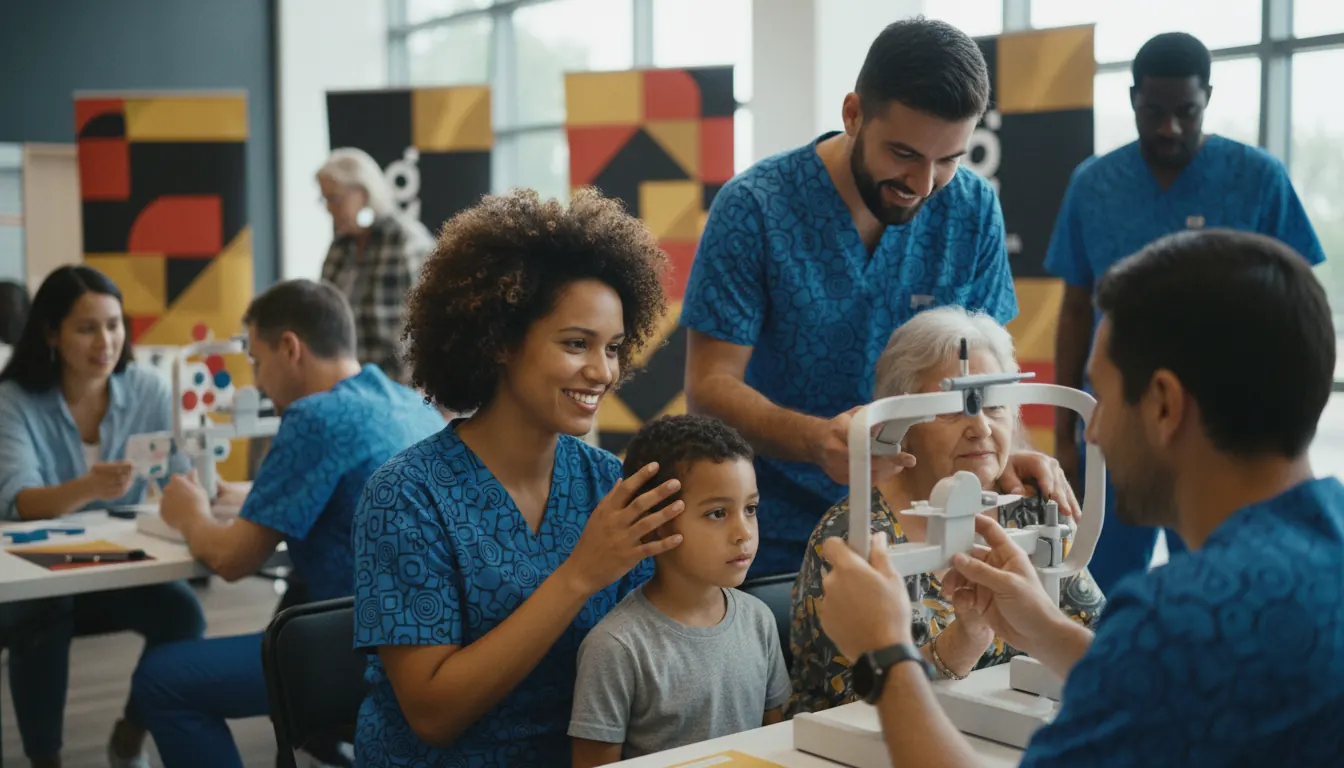 Eye care professionals trained through casino charity funding conducting vision screening