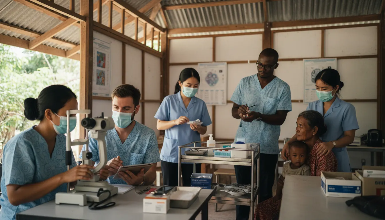 Diverse group of international medical volunteers working together at eye care clinic in Cambodia