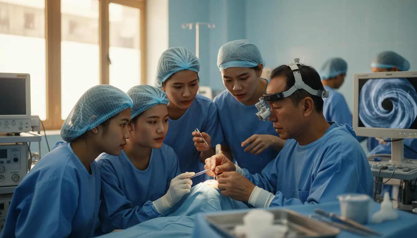 Medical students in Cambodia receiving hands-on ophthalmology training from experienced surgeon