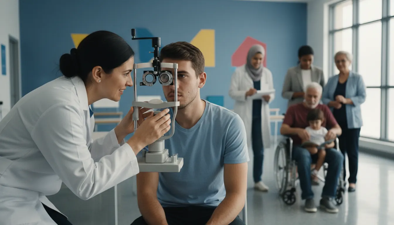 Eye care professional conducting vision screening in community health center